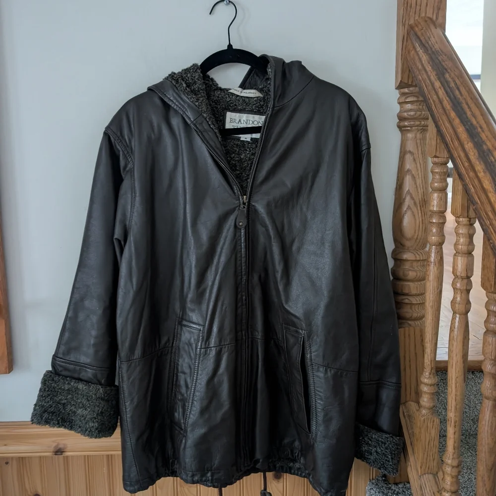 Vintage 90s Brandon‎ Thomas Brown Leather Hooded Zip Up Lined Jacket Coat Size M